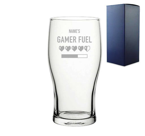 Engraved Pint Glass with Name's Gamer Fuel Hearts Design, Gift Boxed, Personalise with any name for any gamer - The Gift Cabin UK