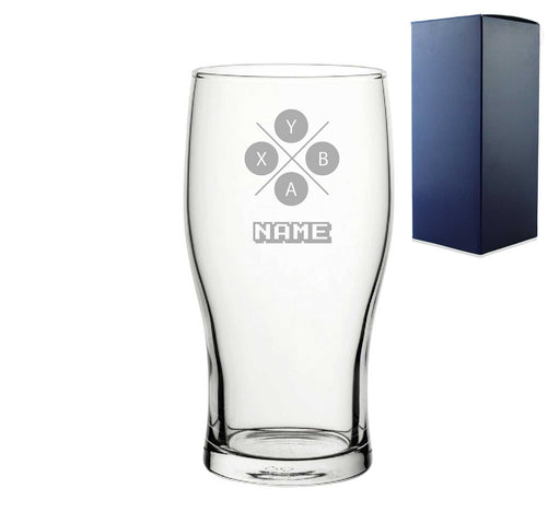 Engraved Pint Glass with X controller Button Design, Gift Boxed, Personalise with any name for any gamer - The Gift Cabin UK