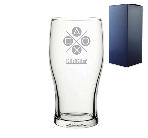 Engraved Pint Glass with Play Controller Button Design, Gift Boxed, Personalise with any name for any gamer - The Gift Cabin UK