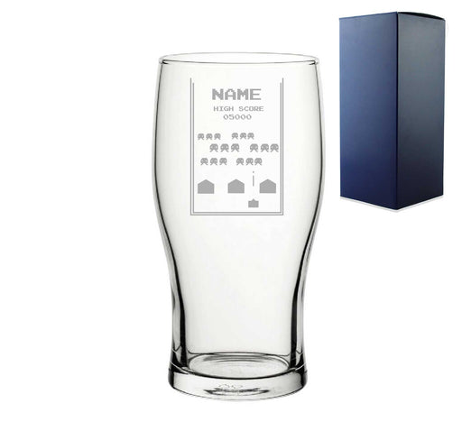 Engraved Pint Glass With Name Retro Space Arcade Game, Gift Boxed, Personalise with any name for any gamer - The Gift Cabin UK