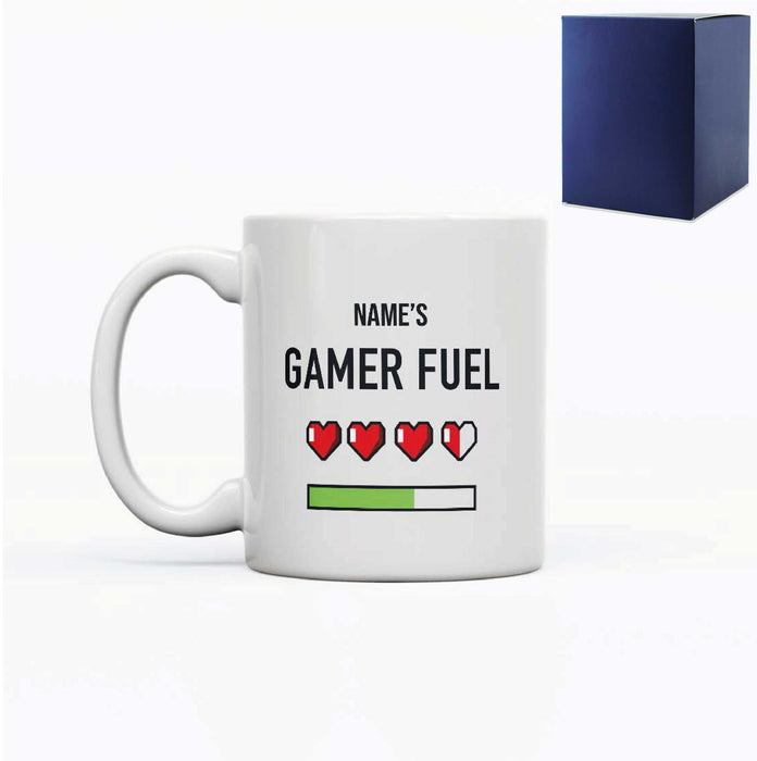 Printed Mug with Name's Gamer Fuel Hearts Design, Gift Boxed, Personalise with any name for any gamer - The Gift Cabin UK