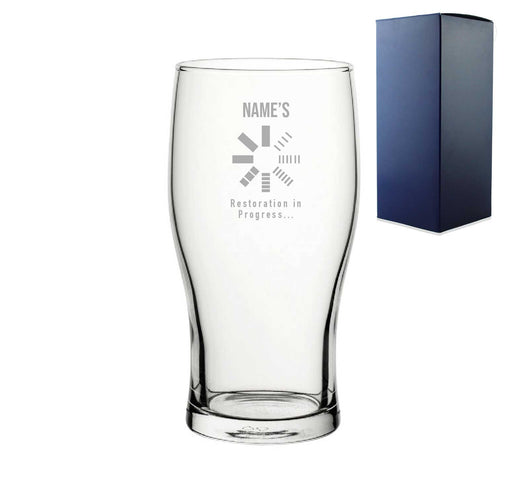 Engraved Pint Glass With Name Restoration in Progress , Gift Boxed, Personalise with any name for any gamer - The Gift Cabin UK