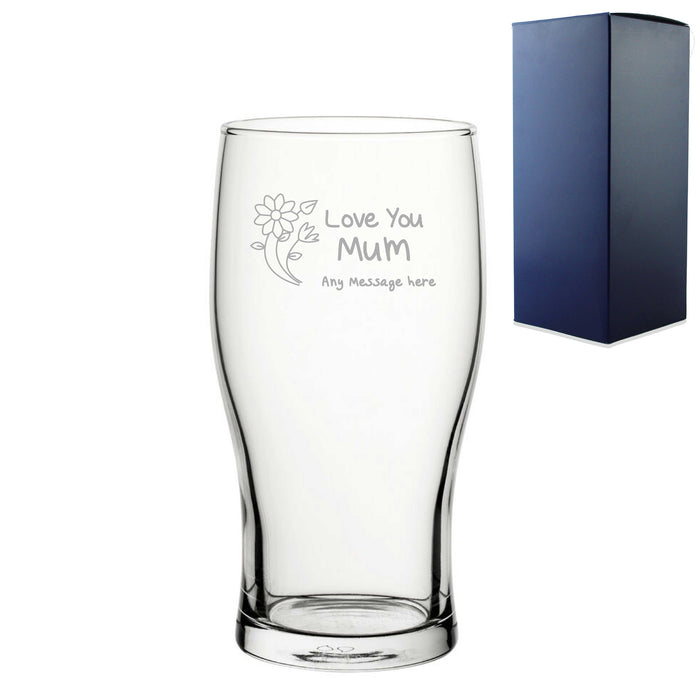 Engraved Pint Glass 20oz With Love You Mum Flower Design Gift Boxed - The Gift Cabin UK