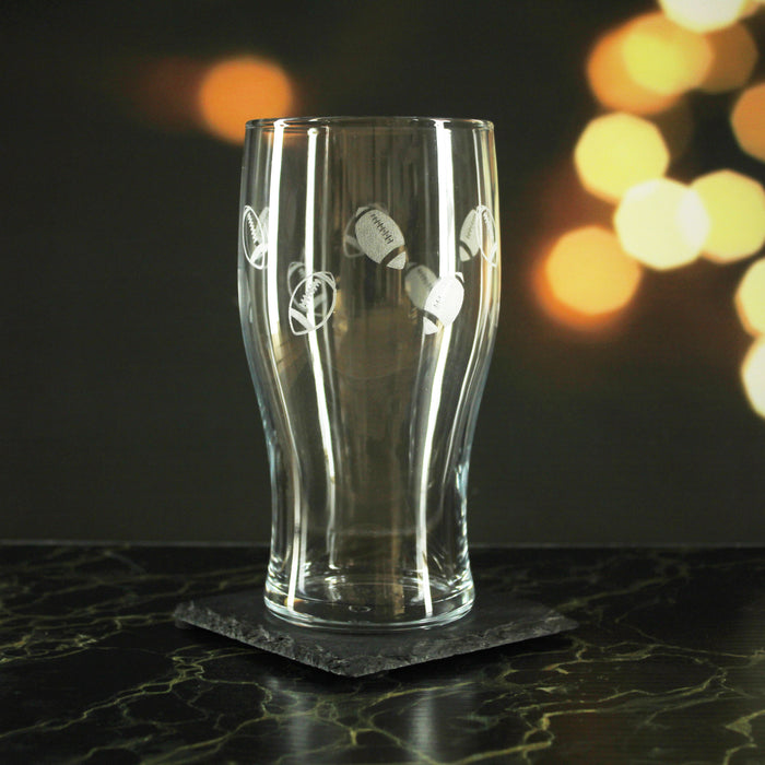 Engraved American Football Pattern Pint Glass Set of 4, 20oz Tulip Glasses - The Gift Cabin UK