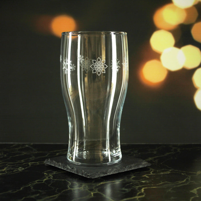 Engraved Snowflake Pattern Tulip Pint Glass Set of 4 20oz Glasses - The Gift Cabin UK