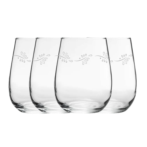 Engraved Leaves Pattern Set of 4 Gaia Stemless Wine 12oz Glasses - The Gift Cabin UK