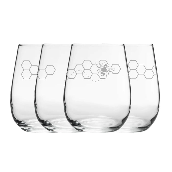 Engraved Bees Pattern Set of 4 Gaia Stemless Wine 12oz Glasses - The Gift Cabin UK