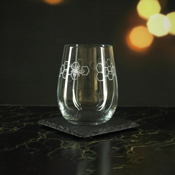 Engraved Bees Pattern Set of 4 Gaia Stemless Wine 12oz Glasses - The Gift Cabin UK