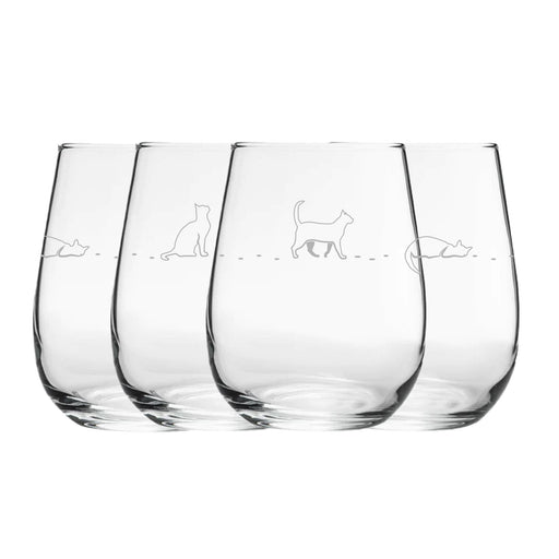 Engraved Cat Pattern Set of 4 Gaia Stemless Wine 12oz Glasses - The Gift Cabin UK