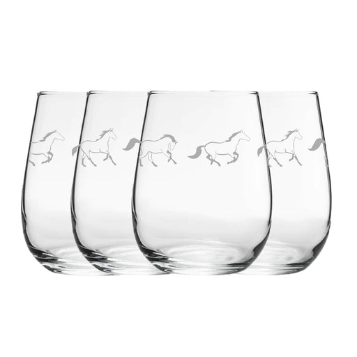 Engraved Horse Pattern Set of 4 Gaia Stemless Wine 12oz Glasses - The Gift Cabin UK