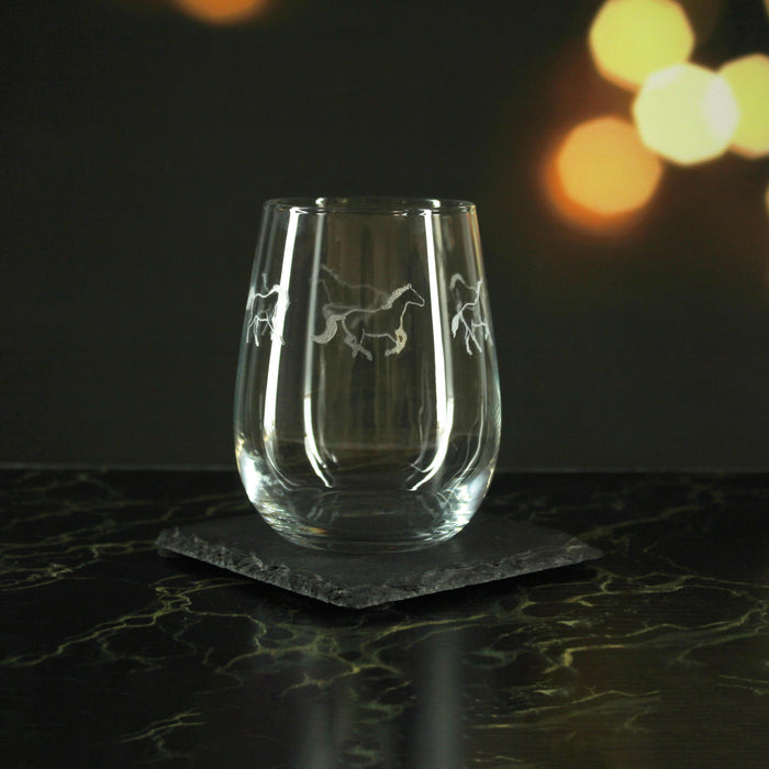 Engraved Horse Pattern Set of 4 Gaia Stemless Wine 12oz Glasses - The Gift Cabin UK