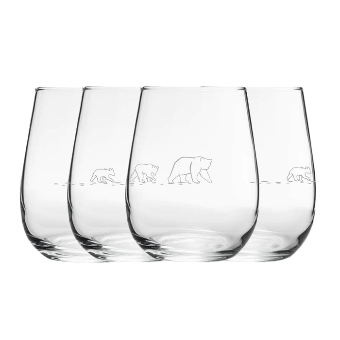 Engraved Bear Pattern Set of 4 Gaia Stemless Wine 12oz Glasses - The Gift Cabin UK