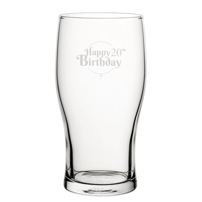 Happy 20th Birthday Balloon Design - Engraved Novelty Tulip Pint Glass - The Gift Cabin UK