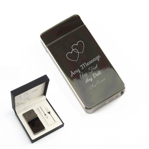 Engraved Electric Arc Lighter, Black, Overlapping Hearts - The Gift Cabin UK