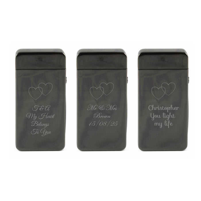 Engraved Electric Arc Lighter, Black, Overlapping Hearts - The Gift Cabin UK