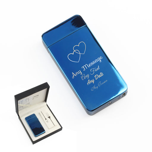 Engraved Electric Arc Lighter, Blue, Overlapping Hearts - The Gift Cabin UK