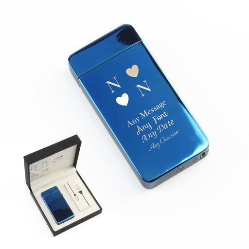 Engraved Electric Arc Lighter, Blue, Heart Initials, Gift Boxed - The Gift Cabin UK