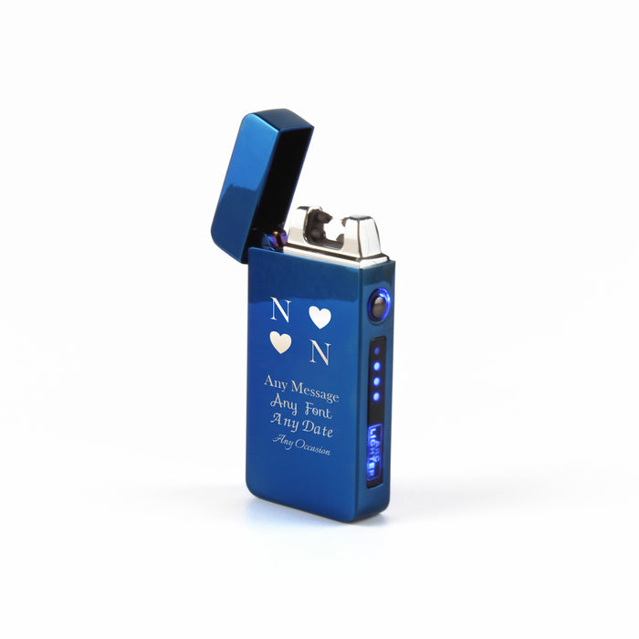 Engraved Electric Arc Lighter, Blue, Heart Initials, Gift Boxed - The Gift Cabin UK