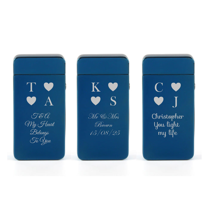 Engraved Electric Arc Lighter, Blue, Heart Initials, Gift Boxed - The Gift Cabin UK