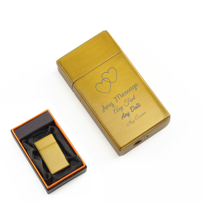 Engraved Jet Gas Lighter Gold Overlapping Hearts Gift Boxed - The Gift Cabin UK