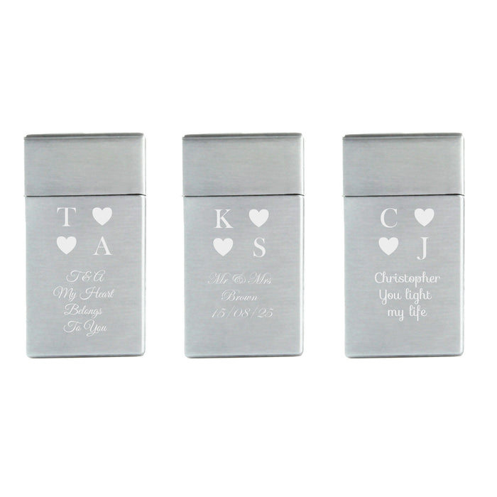 Engraved Jet Gas Lighter Silver Heart Initials Gift Boxed - The Gift Cabin UK