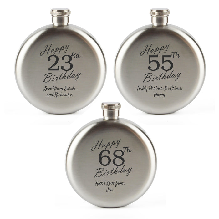 Engraved 5oz Round Steel Hip Flask Happy Custom Number Birthday - The Gift Cabin UK