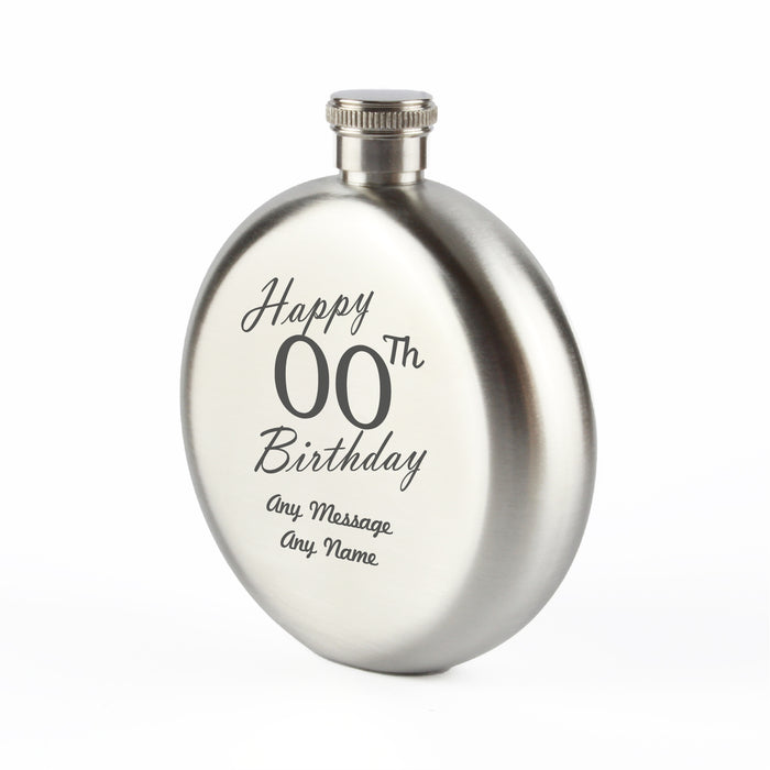 Engraved 5oz Round Steel Hip Flask Happy Custom Number Birthday - The Gift Cabin UK