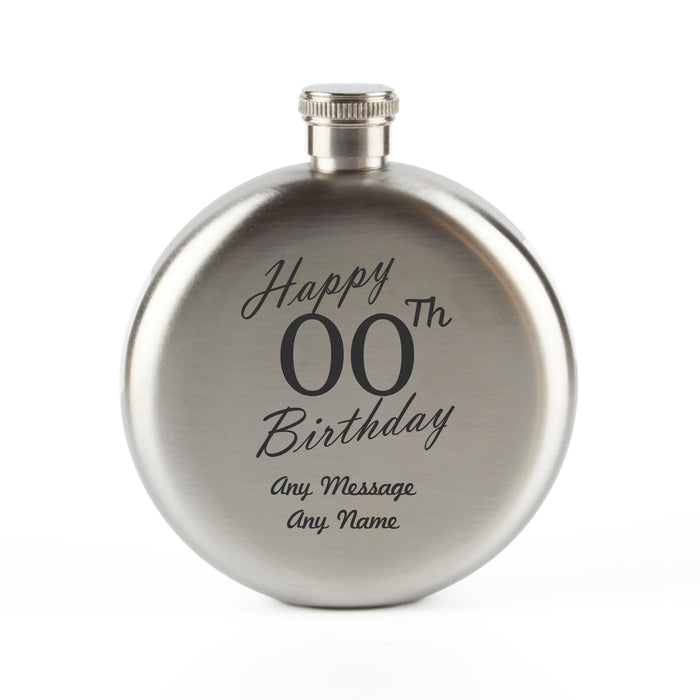 Engraved 5oz Round Steel Hip Flask Happy Custom Number Birthday - The Gift Cabin UK