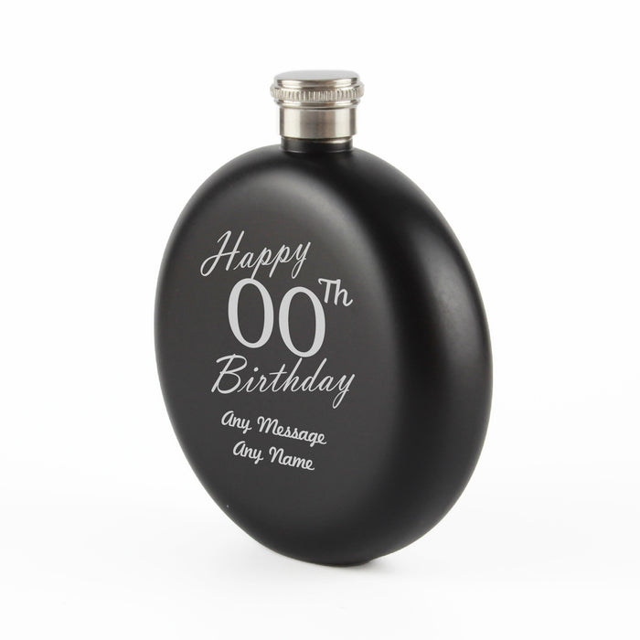 Engraved 5oz Round Black Hip Flask Happy Custom Number Birthday - The Gift Cabin UK