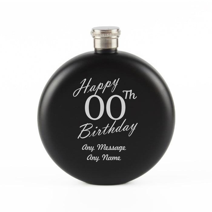 Engraved 5oz Round Black Hip Flask Happy Custom Number Birthday - The Gift Cabin UK