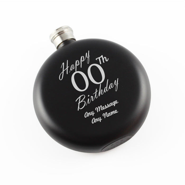 Engraved 5oz Round Black Hip Flask Happy Custom Number Birthday - The Gift Cabin UK