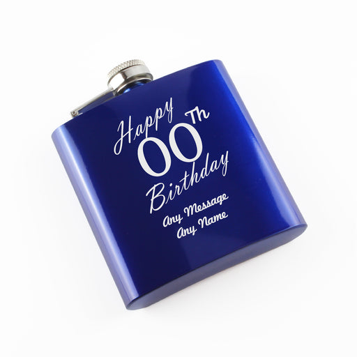 Engraved 6oz Blue Steel Hip Flask Happy Custom Number Birthday - The Gift Cabin UK