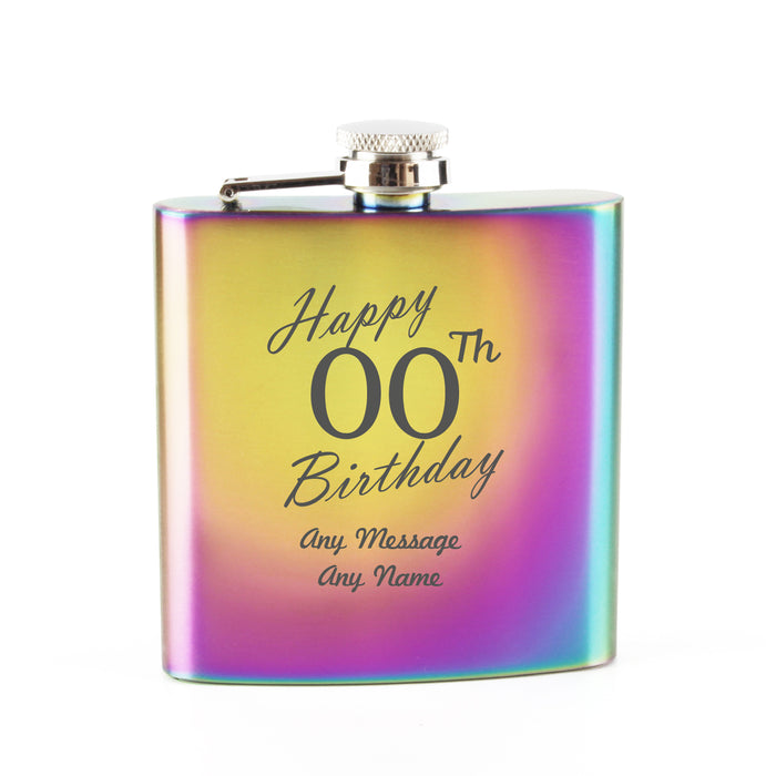 Engraved 6oz Rainbow Steel Hip Flask Happy Custom Number Birthday - The Gift Cabin UK