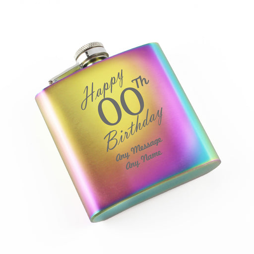 Engraved 6oz Rainbow Steel Hip Flask Happy Custom Number Birthday - The Gift Cabin UK