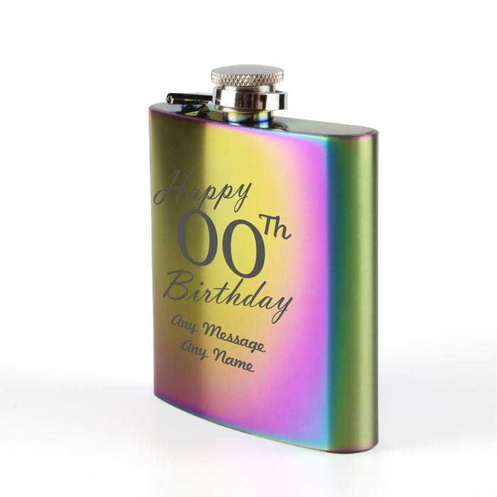 Engraved 6oz Rainbow Steel Hip Flask Happy Custom Number Birthday - The Gift Cabin UK