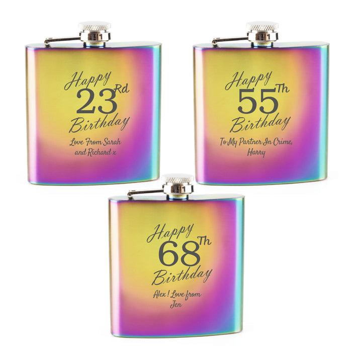 Engraved 6oz Rainbow Steel Hip Flask Happy Custom Number Birthday - The Gift Cabin UK