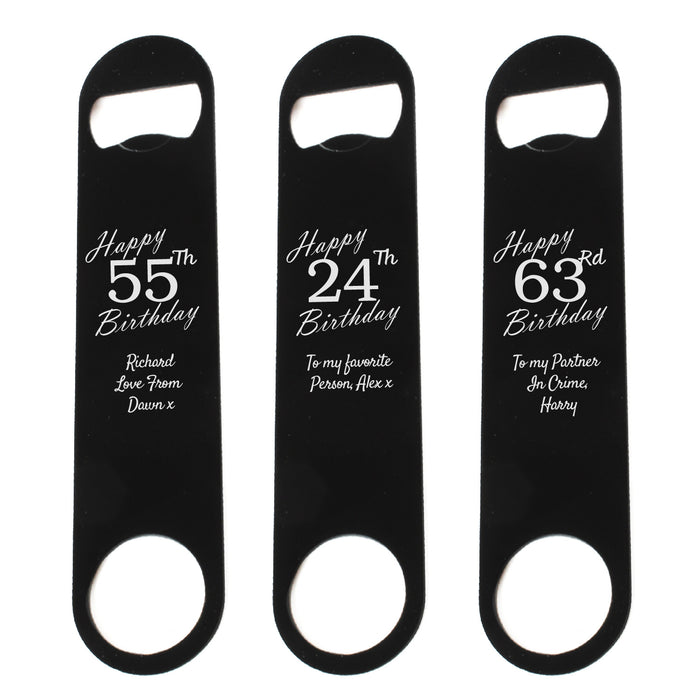 Engraved Large Black Steel Bar Blade Bottle Opener Happy Custom Number Birthday - The Gift Cabin UK