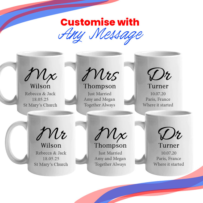 Gender Neutral Wedding Mug Set, Mx and Mx Elegant Font Design - The Gift Cabin UK