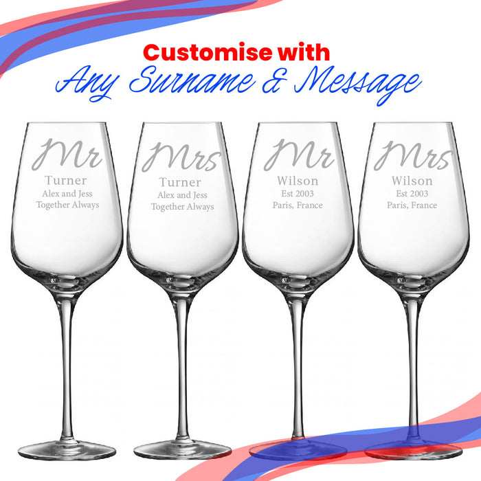 Engraved Mr and Mrs Sublym Wine Glasses, 15.8oz/450ml, Elegant Font - The Gift Cabin UK