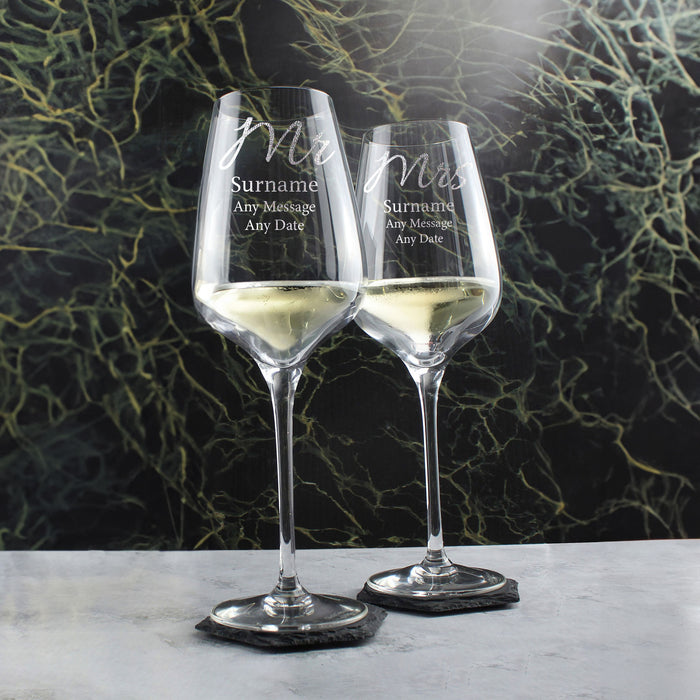 Engraved Mr and Mrs Sublym Wine Glasses, 15.8oz/450ml, Elegant Font - The Gift Cabin UK