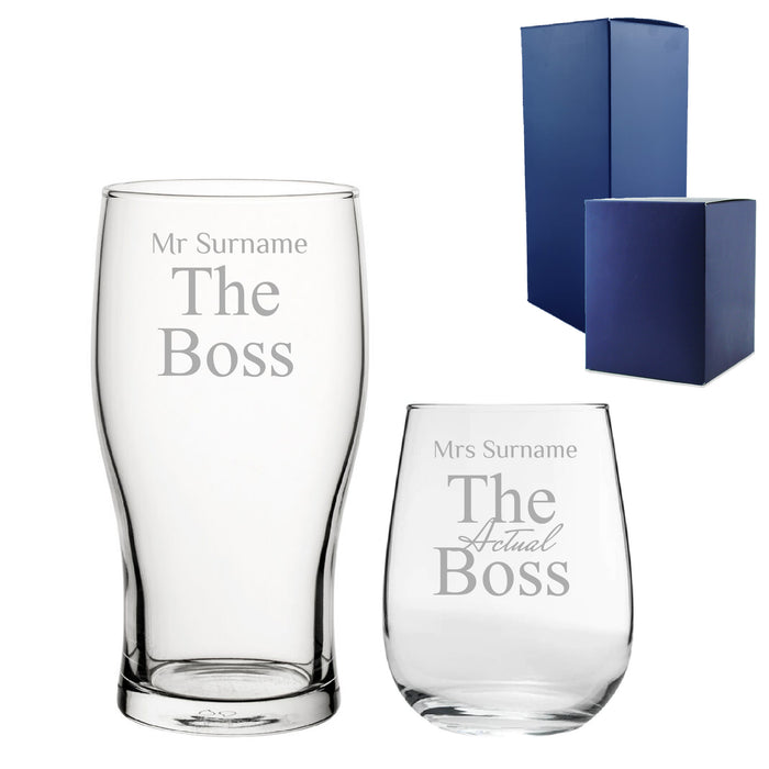 Engraved His and Hers Beer and Stemless Wine Set, The Actual Boss - The Gift Cabin UK