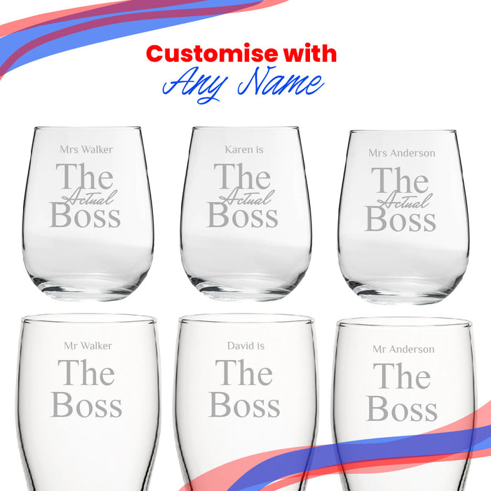 Engraved His and Hers Beer and Stemless Wine Set, The Actual Boss - The Gift Cabin UK