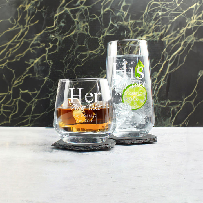 Engraved His and Hers Any Text Whisky and Cocktail Glass Set - The Gift Cabin UK