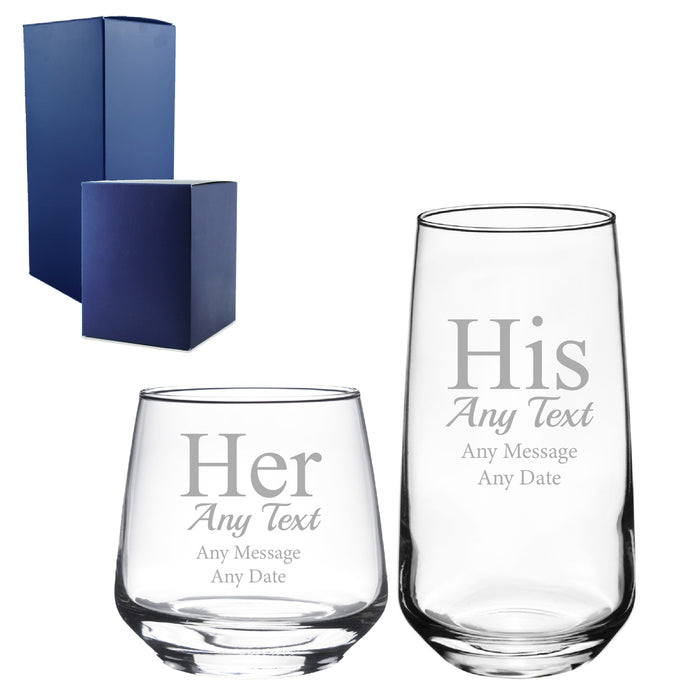 Engraved His and Hers Any Text Whisky and Cocktail Glass Set - The Gift Cabin UK