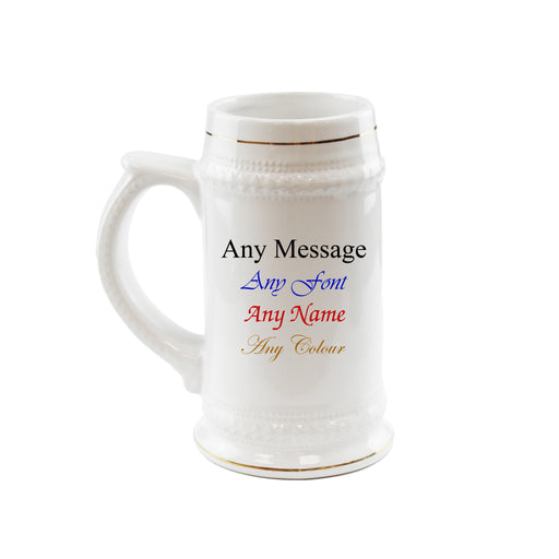 Printed White Ceramic Beer Mug, Any Message, Gold Rimmed, 22oz/560ml - The Gift Cabin UK