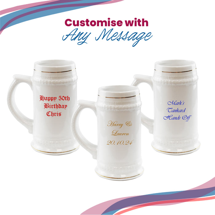 Printed White Ceramic Beer Mug, Any Message, Gold Rimmed, 22oz/560ml - The Gift Cabin UK