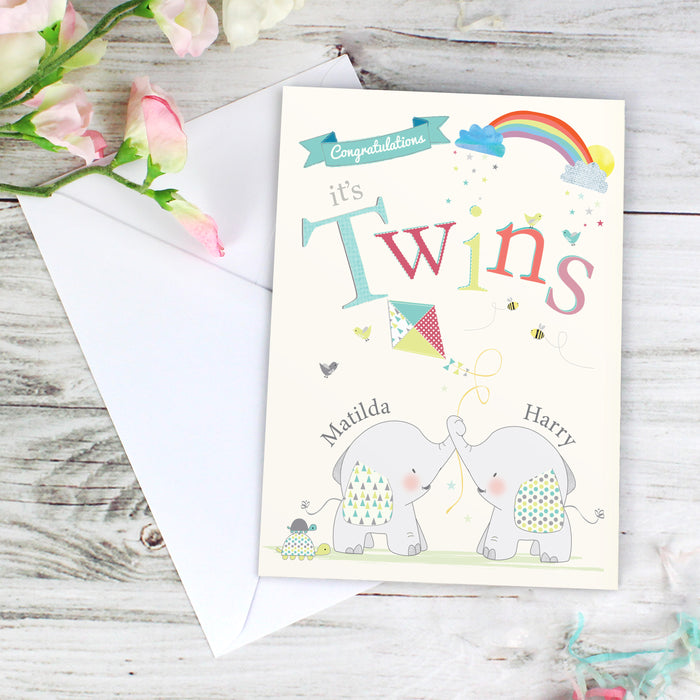 Personalised Hessian Elephant Twins Card - The Gift Cabin UK