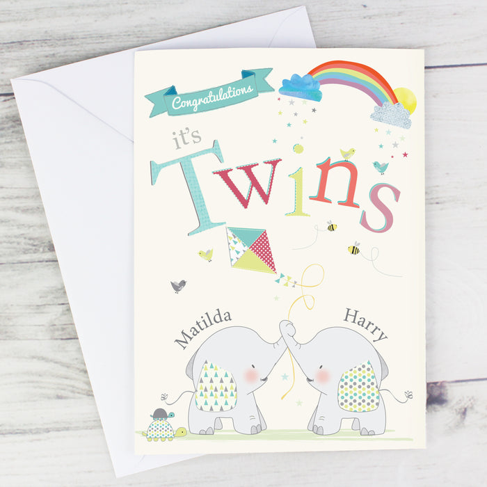 Personalised Hessian Elephant Twins Card - The Gift Cabin UK