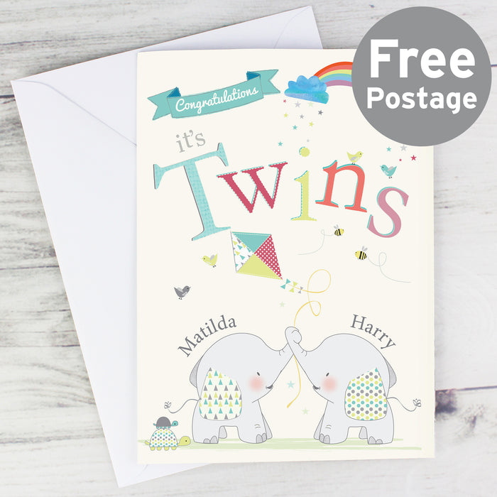 Personalised Hessian Elephant Twins Card - The Gift Cabin UK