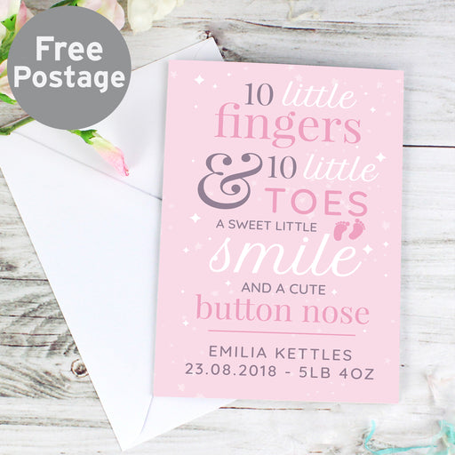 Personalised '10 Little Fingers' Pink Baby Card - The Gift Cabin UK